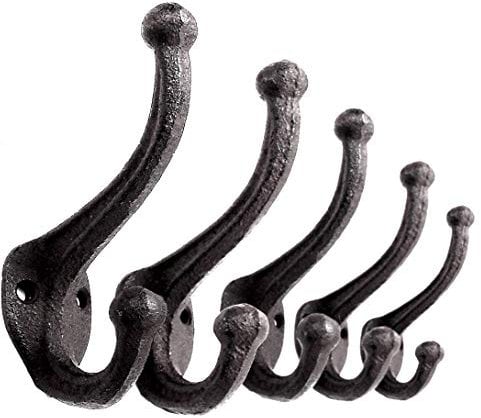 Ambipolar 5-Pack Rustic Wall Hooks - Heavy Duty Cast Iron Vintage Inspired Antique Black for Mudroom, Coat, Purse Rack, Hat - Decorative Hanging