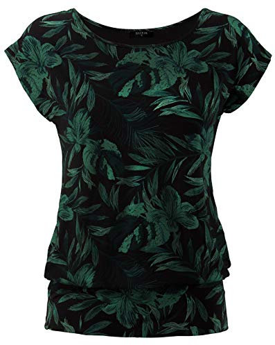 DOTIN Damen T-Shirt Rundhals Kurzarmshirt Allover Durck Stretch Tunika Casual Oberteil Bluse Tops, Schwarz, M