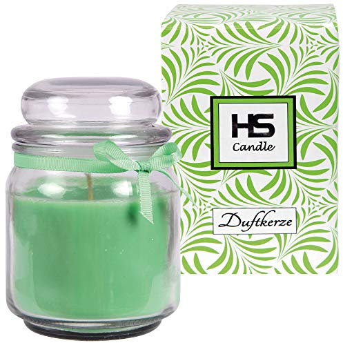 HS Candle Candela profumata al lime, in vetro, 13 cm x 9 cm, in confezione regalo, 300 g, durata circa 50 – 60 ore, fragranza in vetro BonBon con coperchio