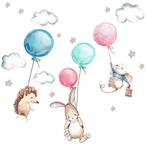Little Deco Wandtattoo Babyzimmer Tiere & Luftballons I Wandbild 107 x 67 cm (BxH) I Hase Igel Sterne Kinderzimmer Mädchen Aufkleber Baby Mädchenzimmer DL539-17