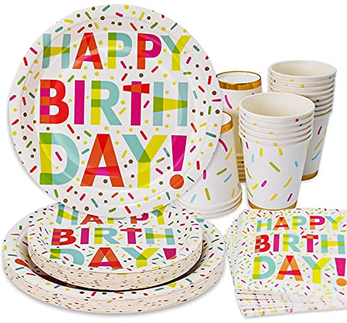 FEENRUI Confetti Birthday Party Supplies Happy Birthday Party Plates and Cups and Napkins Sets for Happy Birthday Party Decorations Serve 25 Guests