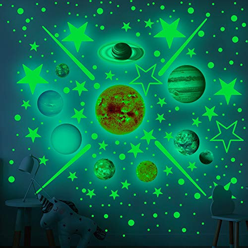 Fluoreszierende Wandaufkleber 460 Stk. Sterne & Planeten Helle Sonnensystem Wandaufkleber für Kinder Schlafzimmer Pädagogisches Sonnensystem Poster Wanddekoration Geschenke für Jungen und Mädchen