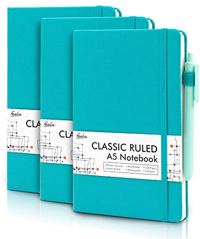 feela Notizbuch A5 liniert Hardcover, 3 Notizbücher Set, Journal Buch mit 3 Gelstifte schwarz, 120 GSM, 13x21cm, Notizblock Set geeignet für Büro, Schule, für Kinder und Erwachsene, Din A5, Emerald