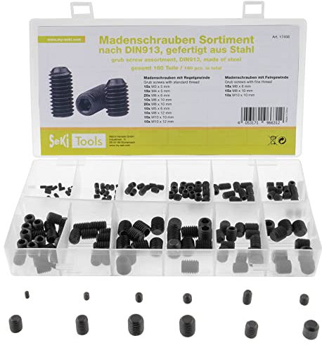 SeKi 17456 Madenschrauben Sortiment 160 Stück 12 Verschiedene Abmessungen M3 M4 M5 M6 M8 M10 Gewindestifte/Stiftschrauben METRISCH Zollgrößen Sechkantkopf Inbusschraube