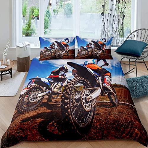 Loussiesd 3D Dirt Bike Bettwäsche 155x220cm Extreme Sport Bettbezug für Kinder Jungen Jugend Teens Motorrad Muster Bettwäsche Set Motocross Fahrer Illustration Schlafzimmer Dekor 2 Stück Bettbezug