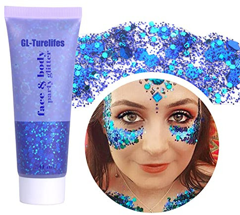 GL-Turelifes Chunky Glitter Gel Glitter Body Gel Festival Glitter Kosmetik Gesicht Haare Nägel Make-up Meerjungfrau Pailletten Flüssiger Lidschatten Langanhaltend Funkelnd (Blau 50ml)