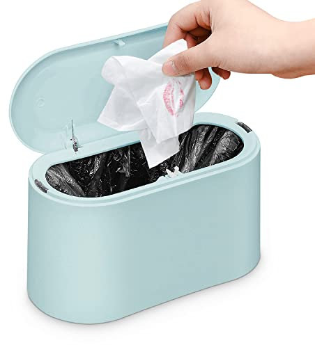 GOCUODE Petite Poubelle de Table avec Couvercle à Bouton-Poussoir pour Salle de Bain, Bureau, Chambre et Cuisine (Bleu clair)