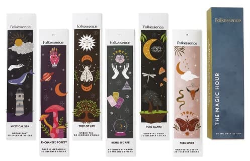 Folkulture Premium Incense Sticks (6 Packs - 120 Sticks), Charcoal Free Incense - Coconut, Mango, Rose & Geranium, Green Tea - 45 Mins Burn Time - For Meditation & Positivity Set