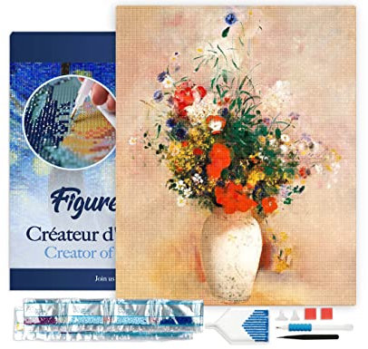 Figured'Art Diamond Painting Erwachsene 40x50cm Mit Rahmen Ganze Leinwand gespannt Vase mit Blumen Odilon Redon 5D Bilder Eckige Steine - DIY Set Basteln