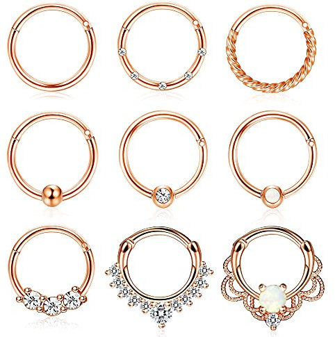 Kakonia 9stk Septum Piercing Chirurgenstahl für Damen Herren 16G Zirkonia Nasenpiercing Ring Tragus Daith Helix Piercing Ring Opal Septum Piercing Set 8MM 10MM
