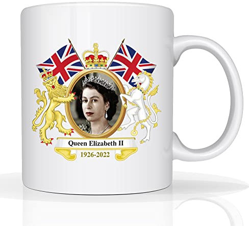 Star Online Queen Tea Coffee Mug Elizabeth II Jubilee Cup RIP Memorabilia Merchandise White Ceramic 11oz Keepsake Souvenir Royal Remembrance Union Jack Flag Her Reign Honour Service Gifts