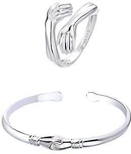 QKEPCY Umarmung Ringe für Damen Sterling Silber Ringe Handschlag Armband Mode Emaille Ring Einstellbare Offener Ring Schmuck Kreative Liebe Geste Geschenke für Valentinstag Weihnachten Freundin