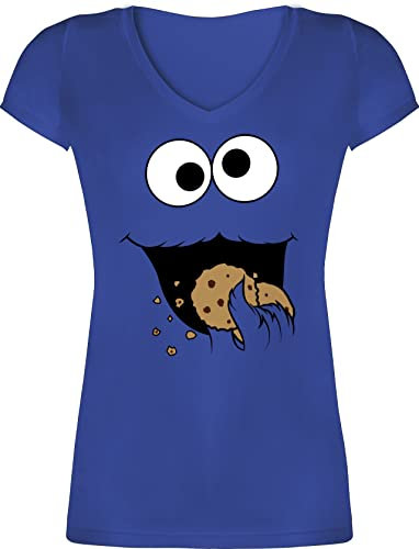 T-Shirt Damen V Ausschnitt - Karneval & Fasching - Keks Monster I Krümelmonster I Cookie Monster Fastnacht I Fasnacht I Fasnet - XL - Blau - Faschings-t-Shirt faschingsshirt Faschings Auge Shirts