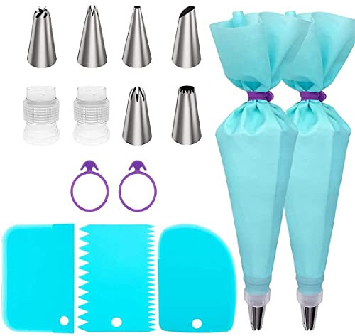 CUHZA Ensemble de poche à douille avec douille à pâtisserie, poche à douille en silicone réutilisable et adaptateur, kit de poche à pâtisserie DIY, décorez vos cupcakes et muffins - Lot de 15