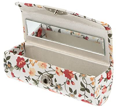 Women Lipstick Case Retro Embroidered Pattern Storage Box with Mirror, White, 3.4 X 1.3 X 1.2 Inches, Portable Lipstick Holder for Handbag, Makeup Organizer for Travel and Daily Use