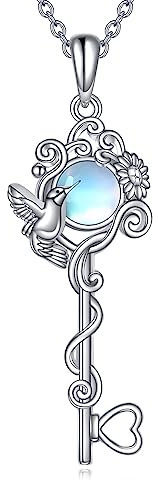 POPLYKE Mondstein Kolibri Schlüssel Halskette für Frauen Sterling Silber Vogel Anhänger Kolibri Schmuck Geschenke