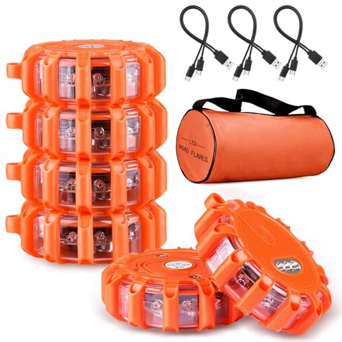 [6 Pack] LED Road Flare,USB Rechargeable Emergency Disc Beacon with 9 Flash Modes,2 in 1 Charging Cable & Car Charger Roadside Flashing Warning Lights for Car Truck Boats(Batteries Included) (6)