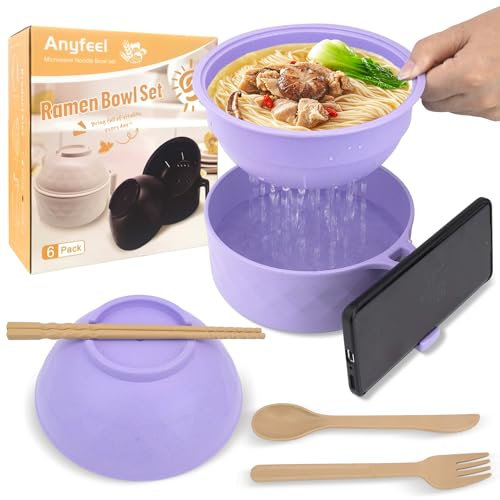 Anyfeel Ramen Cooker, Microwave Ramen Bowl Set with Chopsticks Spoon Ramen Noodle Bowl Instant Cooking for College Dorm Room Essentials, Dishwasher-Safe, BPA-Free (Light Purple)