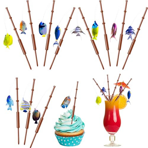 Syhood 36 Pcs Mini Fish Pole Decoration Little Fisherman Fishing Themed Party Supplies for Cake Topper Birthday Party Drink Cake Decoration