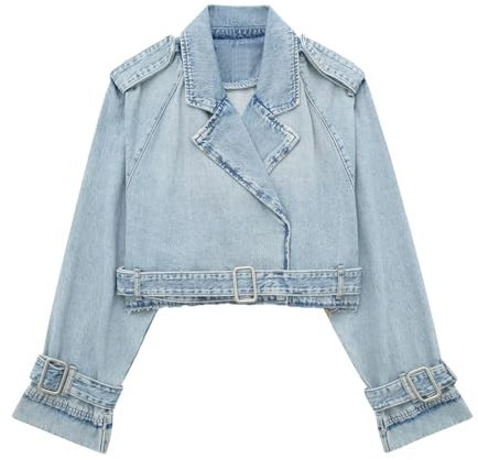 Crop Jeansjacke Damen Sexy Einfarbig Jacke Denim Übergangsjacke Kurze Herbstjacke Langarm Jeansmantel mit Gürtel Reverskragen Mantel Schlanke Kurzmantel Knöpfen Damenjacke Oberteile Streetwear