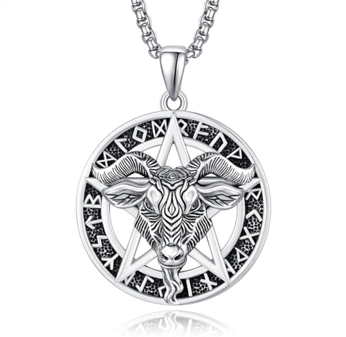 KATHLU Viking Necklace for Men Women 925 Sterling Silver Nordic Mjolnir/Hammer/Lion/Compass/Arrowhead/Snake/Wolf/Skull Animal Cool Pendant Viking Gifts (Viking Ram Goat Head(silver))