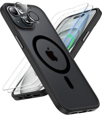ORETECH Magnetic Case for iPhone 15 Plus Case with 2 HD Screen Protector 1 Camera Protector, Fit for MagSafe, Translucent Matte Back Military Grade Shockproof Phone Case Cover - Black