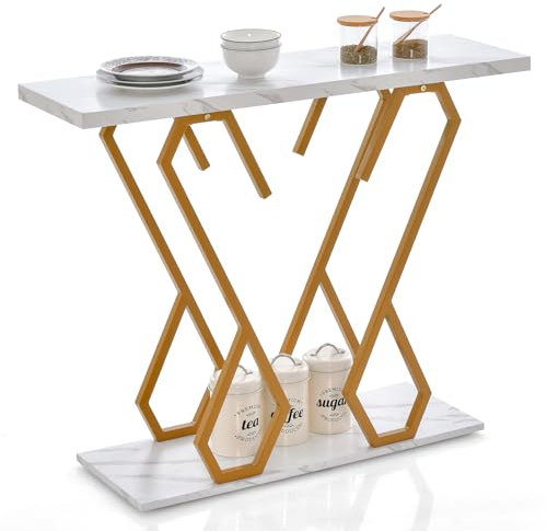 GIANTEX Konsolentisch Marmoroptik, Flurtisch Eingangstisch Metallrahmen in Schmetterlingsform, schmaler Beistelltisch Couchtisch Sofatisch 2 Ablagen, Langer Sideboard Tisch Anrichte, 100x30x79 cm