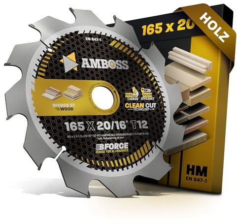 AMBOSS WERKZEUGE® - Lama per sega circolare 165 x 20 16 Z12, denti alternati per batteria in legno, lama per sega 165 mm + anello riduttore 16 20 mm. 165 x 20 165 x 16 compatibile con Bosch GKS 18 V -