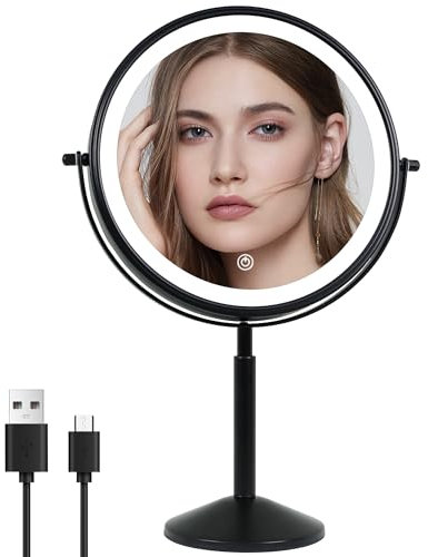yngtoue Miroir de maquillage 22,9 cm avec lumières et grossissement x10 LED rechargeable, rotation à 360°, miroir de courtoisie pivotant 3 couleurs (940B10X)