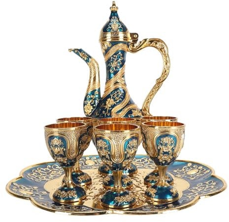 Turkish Tea Set with Teapot, 6 Cups and Tray, Vintage Zinc Alloy, Gold and Blue Decorative Design