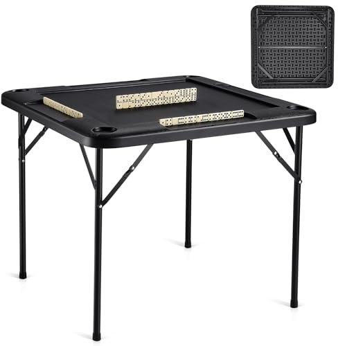 VEVOR Mahjong-Tisch, Zusammenklappbarer Kartentisch für 4 Spieler mit 4 Getränkehaltern & 4 Chip-Fächern, Tragbarer Domino-Spieltisch mit 1 Satz Dominosteine für Mahjong Poke Puzzles