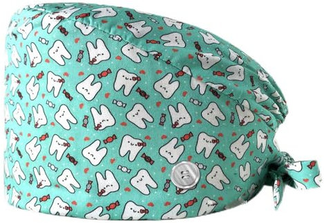 2 Stück Zähne Bedruckte Scrubs Mütze mit Knöpfen Verstellbare Baumwoll Scrub Cap Bouffant Mütze Frauen Scrubs Hüte Unisex Stillkopfbedeckung,B,Einheitsgröße