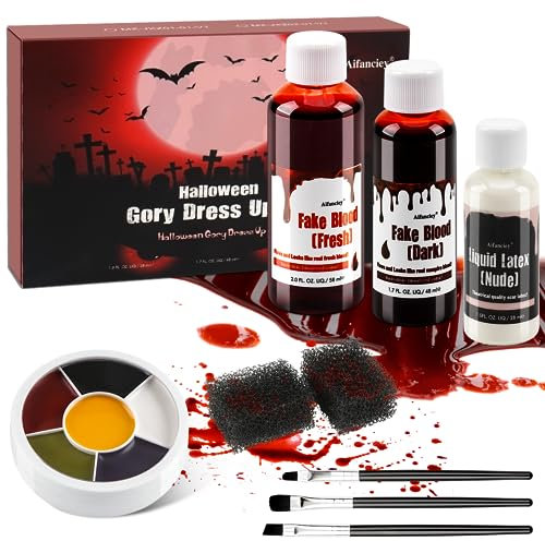 Kunstblut Halloween, 58ml Künstliches Frisches Blut, 48ml dunkelrotes TheaterBlut, 28ml Flüssiges Latex, Make-up Pinsel, Schminkpalette und Schwamm, auswaschbar für Halloween Zombie Vampir Wunde