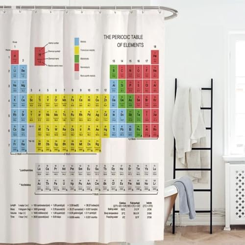JGGXHM Duschvorhänge mit 3D-Druck, Periodensystem der Elemente, wasserdicht, Badevorhang aus weißem Stoff für Badezimmerdekor mit 12 Haken 100x190cm/WxH Bathroom Curtains