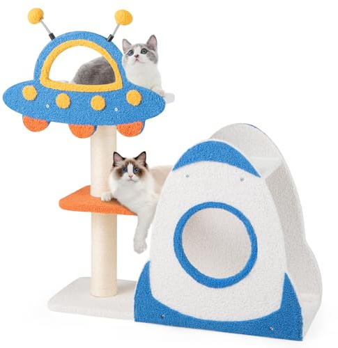 COSTWAY Cat Tree, Cats Climbing Tower with Sisal Scratching Posts, 2-Tier Condo, Spring Balls, Small Kitty Activity Center for Indoor Cats