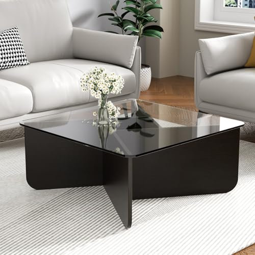 URCheers Table basse en verre, plateau en verre trempé de 5 mm, table basse moderne, table d'appoint, table de salon, table basse, base en bois massif, pour devant le canapé dans le salon