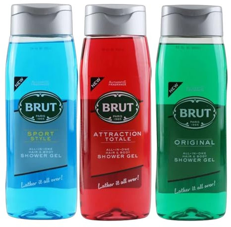 Brut Shower Gel Set | All-in-One Hair & Body Wash | Sport Style, Attraction Totale & Original | Pack of 3 x 500ml