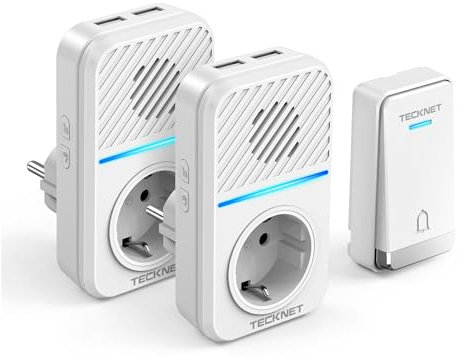 TECKNET Sonnette sans Fil Kit, 400M Sonnette de Porte sans Fil Auto-alimentée avec 2 Récepteurs, IP65 Kit de Carillon avec Tomas USB Externas y Luz LED, 60 Mélodies, 5 Niveaux de Volume