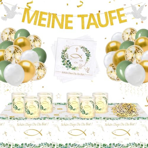 YSUVIN Taufe Deko, 130 Stück Junge Mädchen Deko Taufe, Meine Taufe Girlande, Luftballons, Servietten, Windlicht Tischdeko, Holz Fische Deko, Kommunion Tischdecke mit Spruch Schön dass Du da bist