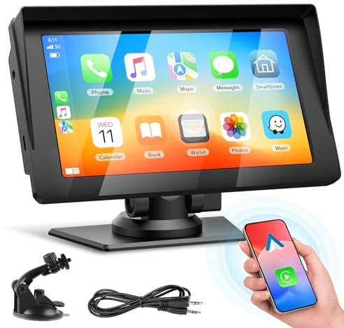 EYETOO Pantalla Coche Carplay y Android Auto inalambrico, 7 Pulgadas App1e Car Play Pantalla táctil para Coche con Radio Bluetooth 5.0, Navegador GPS, Siri, G00gle Asistente de Voz, FM, AUX