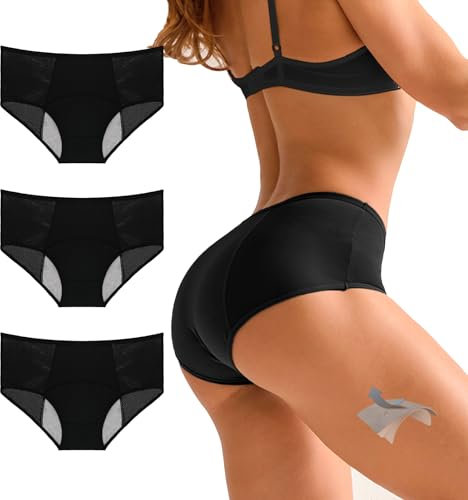 UoQo Lot de 3 sous-vêtements menstruels pour adolescentes et femmes - 3 couches - Anti-fuite - Grande taille - Taille moyenne - Pour flux épais, Noir , L