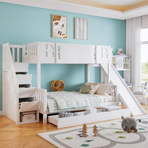 Merax Lit superposé, 90 x 200/120 x 200 cm, avec toboggan, fenêtre, escalier de rangement et tiroir, avec main courante et 4 compartiments de rangement, pin et MDF, certifié EN747, sans matelas, blanc