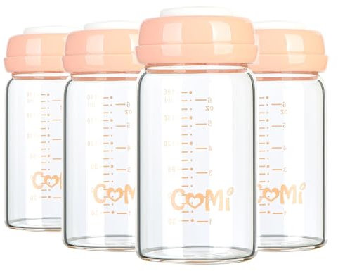 Glass Breastmilk Storage Bottles 4 Packs 6.oz 180ml Wide Neck Bottles with Screw Ring Sealing Disk BPA-Free Breastfeeding Milk Collection Fits Breast Pumps & Nipples(4 Pink Lids)