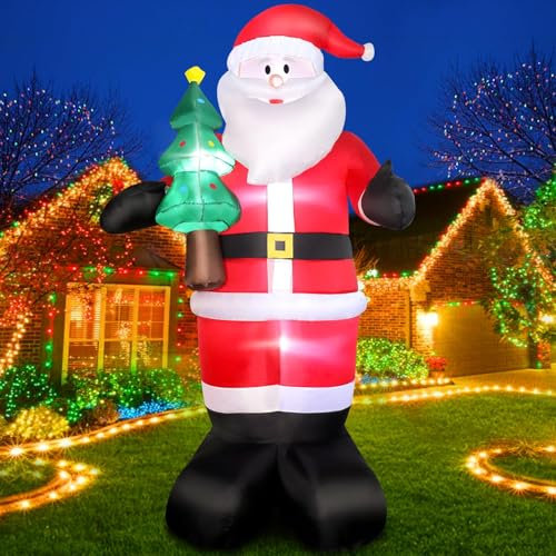 Riesiger Aufblasbarer Weihnachtsmann 244 cm mit Gebläse & LED-Lichtern | Inkl. Weihnachtsbaum | IP44 Wasserdicht und Befestigungs-Set | Beleuchtete Weihnachtsdekoration für Außen Innen Garten Hof
