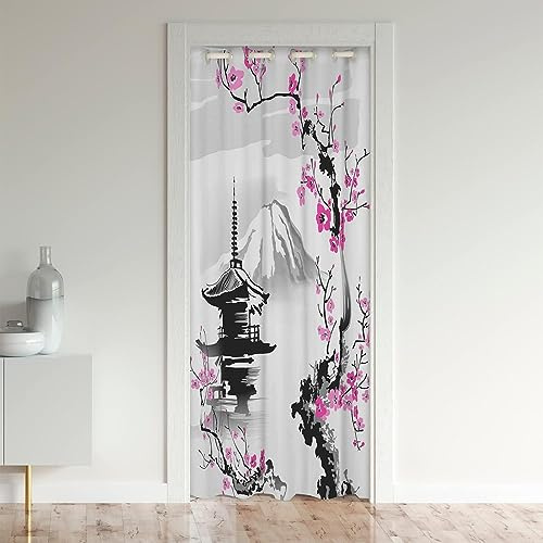 richhome Cortina de puerta japonesa de 106 x 203 cm, diseño de montaña Fuji japonesa para sala de estar, cortina floral Sakura para puerta de privacidad