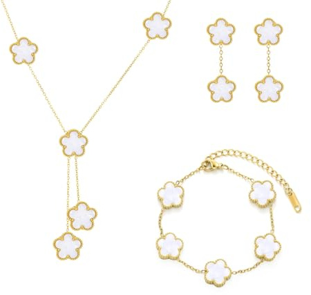 Gkaopi Vierblättriges Kleeblatt Schmuckset für Damen und Mädchen 18K Vergoldet Edelstahl Zweiseitig Anhänger Halskette Ohrstecker Armband Glückliches (Weiß, Einheitsgröße)