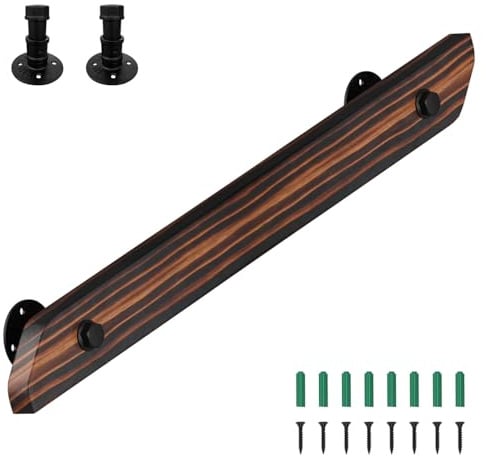 Eikuavons Handlauf Kiefernholz, 80cm Geländer Wandhandlauf Wand Treppe, Rutschfester Holzhandlauf mit Wandhalterungen Montagematerial, Seitliche Montage für Treppen Balkon, Brown