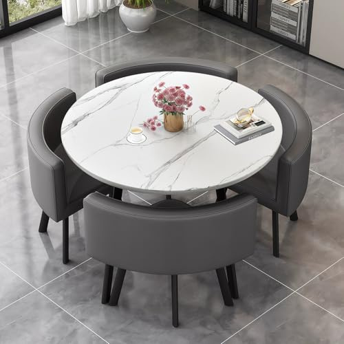 AMZSEW Esszimmergruppe Tisch mit 4 Essstühlen Esstisch Modern Küchentisch Essgruppe Rund Esszimmerstühle MDF-Platten Geeignet für Essgruppen Küche Wohnzimmer, Weiß