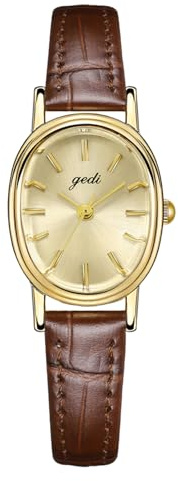 Zeruye Elegante Oval Gold Uhren für Frauen Luxus Analog Quarz Armbanduhr für Damen mit Echtleder Band (Gold Brown)