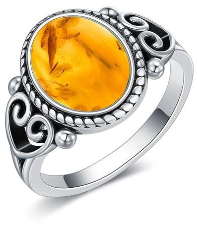 QKABTI Genuine Amber Ring 925 Sterling Silver, Vintage Filigree Statement Ring, Boho Western Jewelry Gift for Women Size 11.5